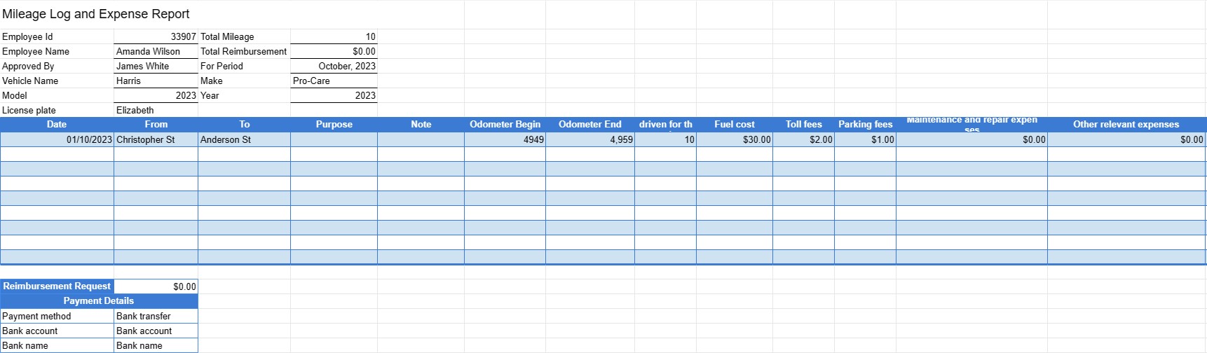 Mileage Log and Expense Report