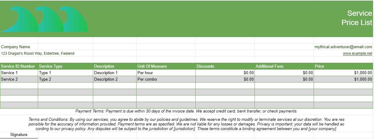 Service Price List