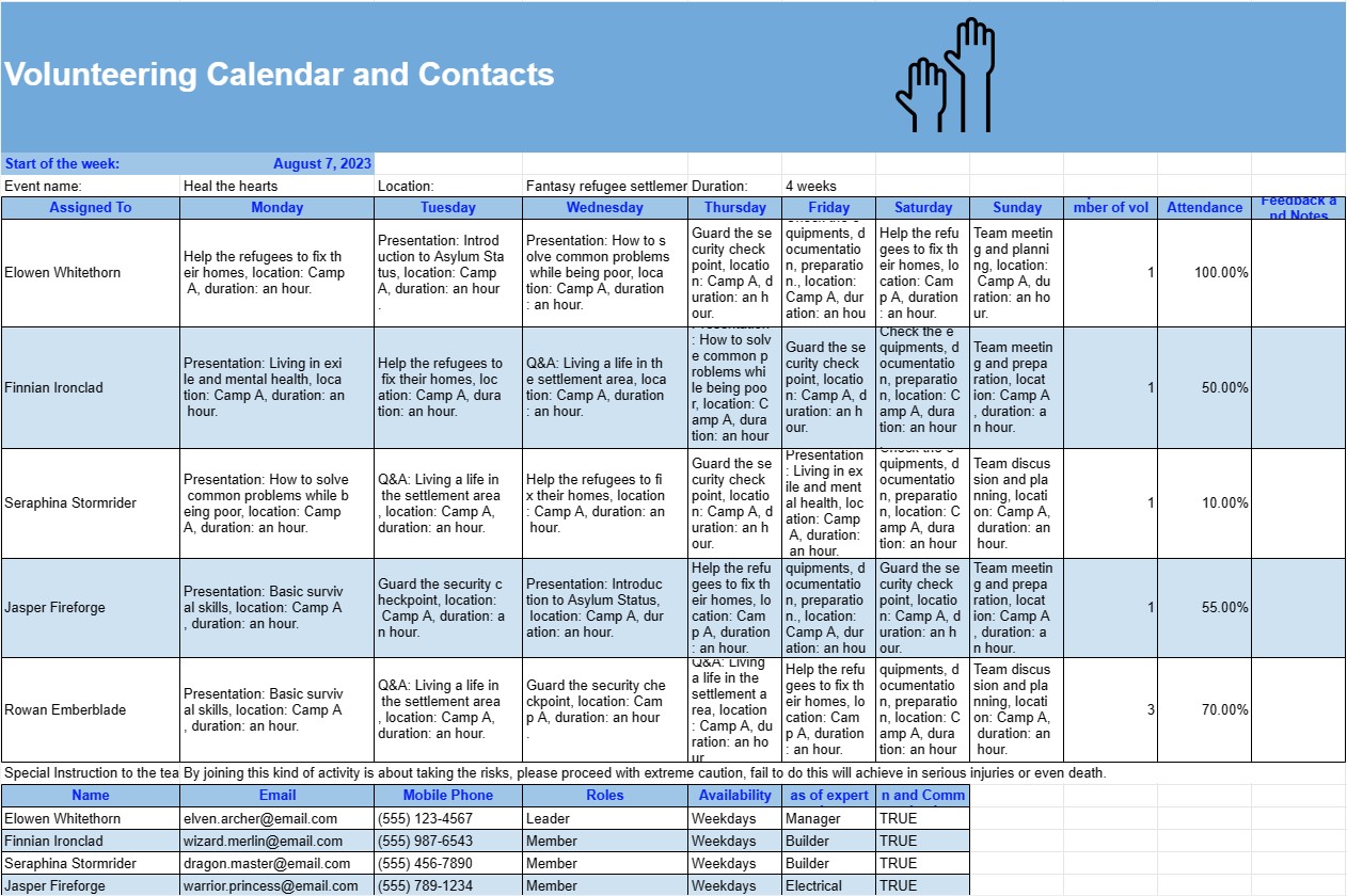 Volunteering Calendar and Contacts